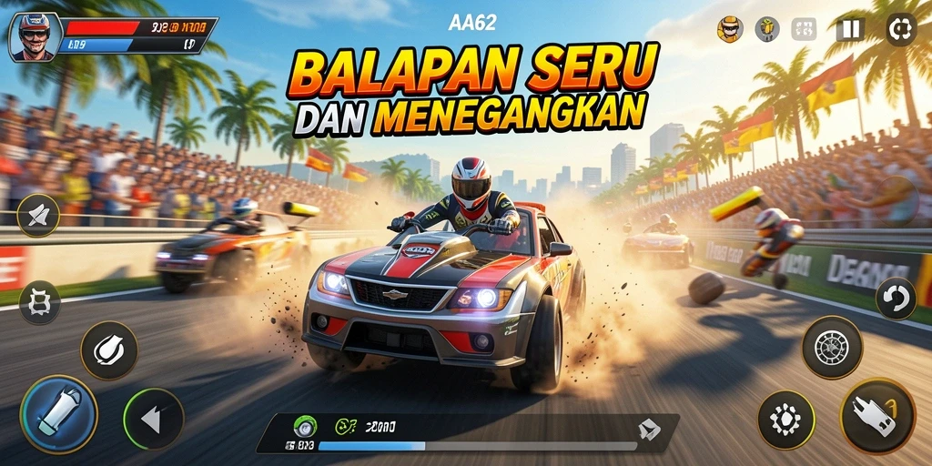 Tampilan gameplay balapan yang seru dan penuh aksi di AA62.