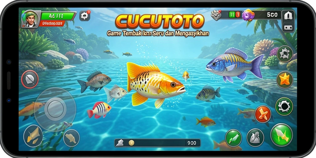 Tangkapan layar CUCUTOTO menampilkan aksi tembak ikan yang seru.