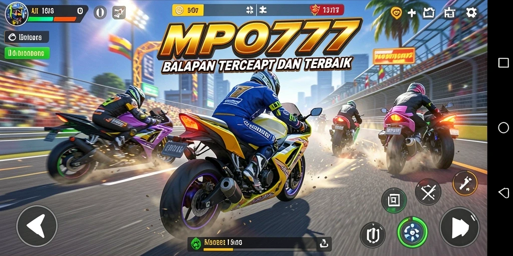 Tampilan gameplay seru di MPO777 dengan balapan motor yang mendebarkan.