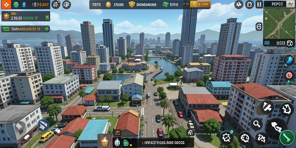 Tangkapan layar gameplay PCPC7 menunjukkan kota yang dikelola dengan baik.