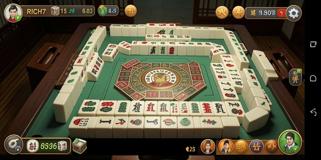 Tampilan gameplay seru RICH7 dengan suasana Mahjong yang mengasyikkan.
